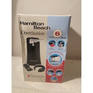 HAMILTON BEACH OPENSTATION CAN OPENER, BLACK, 3 Tools In One 76389 New Open Box